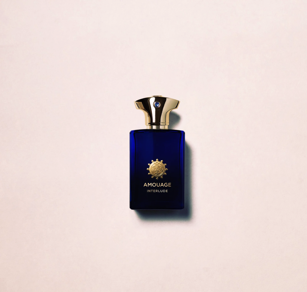 Interlude Man by Amouage midnight blue bottle with packaging box