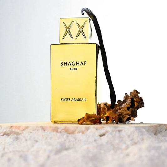Shaghaf Oud by Swiss Arabian gold bottle with packaging box